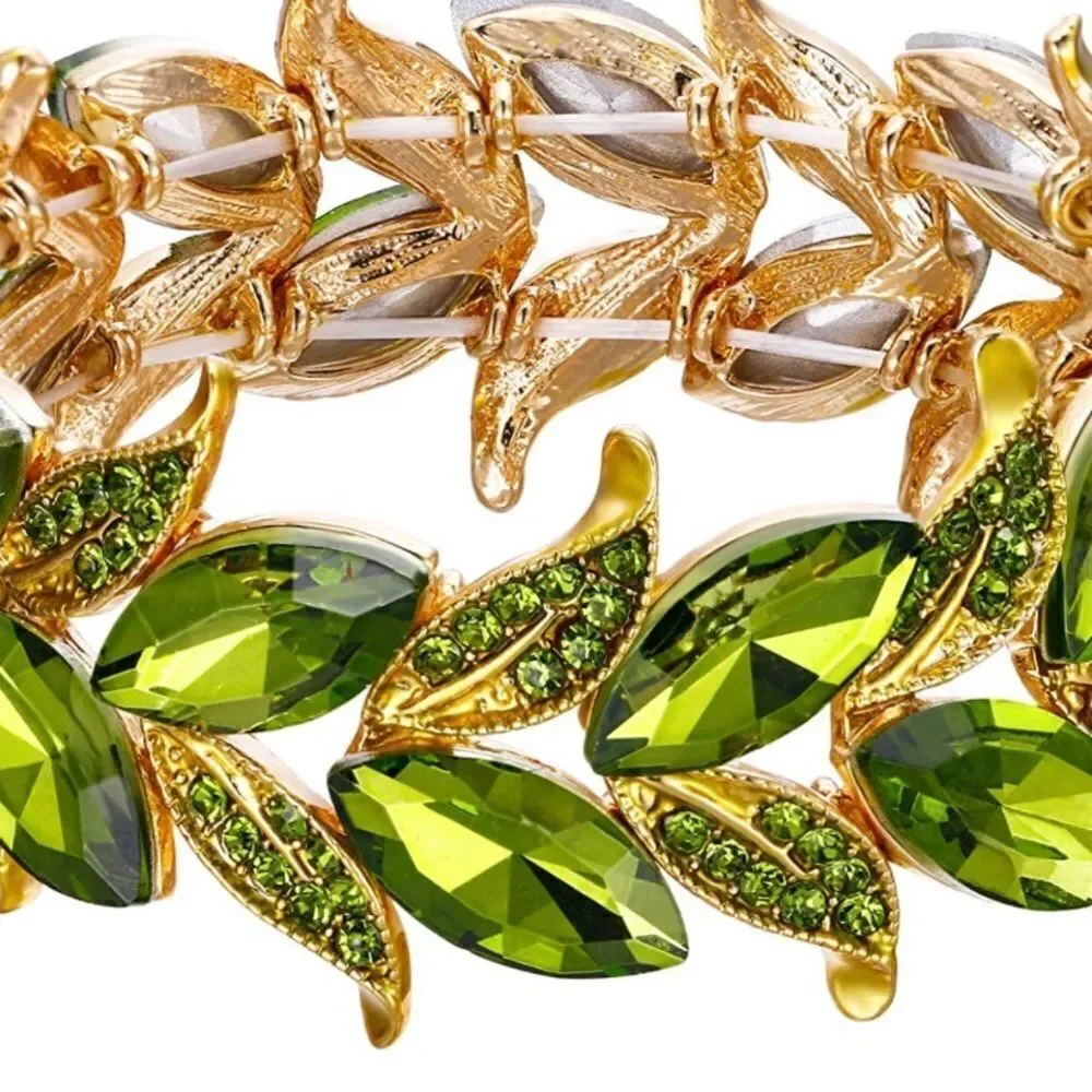 Yellow Gold and Green Peridot Austrian Crystal Leaf Stetchable Bracelet Bangle
